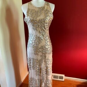 Tan Evening Dress with Embroidered Embellishments